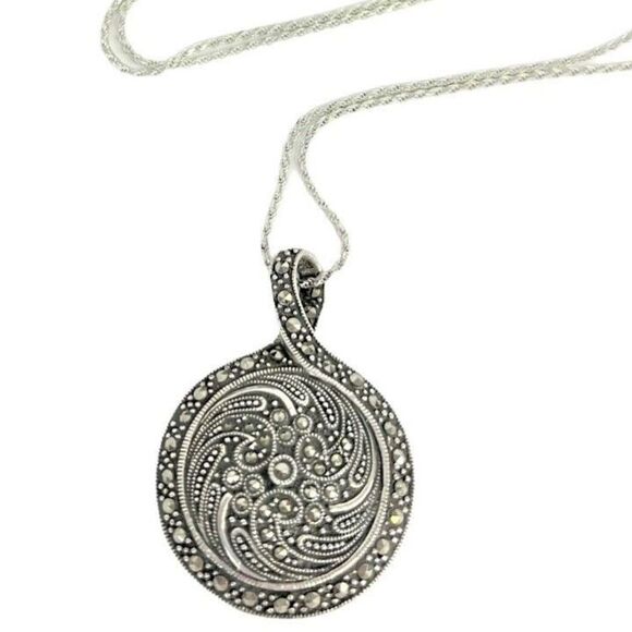 Vintage 925 Silver Marcasite Black Onyx Reversible Pendant Necklace - Picture 5 of 6